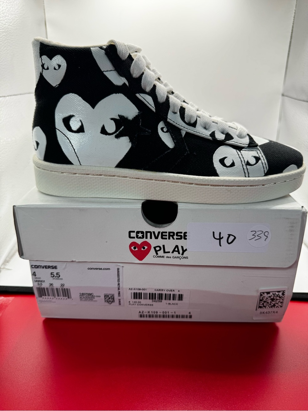 CDG Play x Converse Pro Leather High Black White Size Men 4 / Women 5.5 NIB